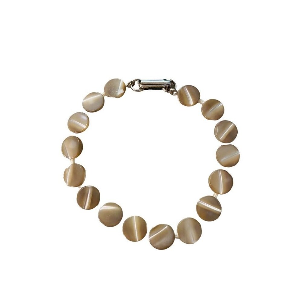 Vintage Button Bracelet Taupe Acrylic Foldover Clasp 7"